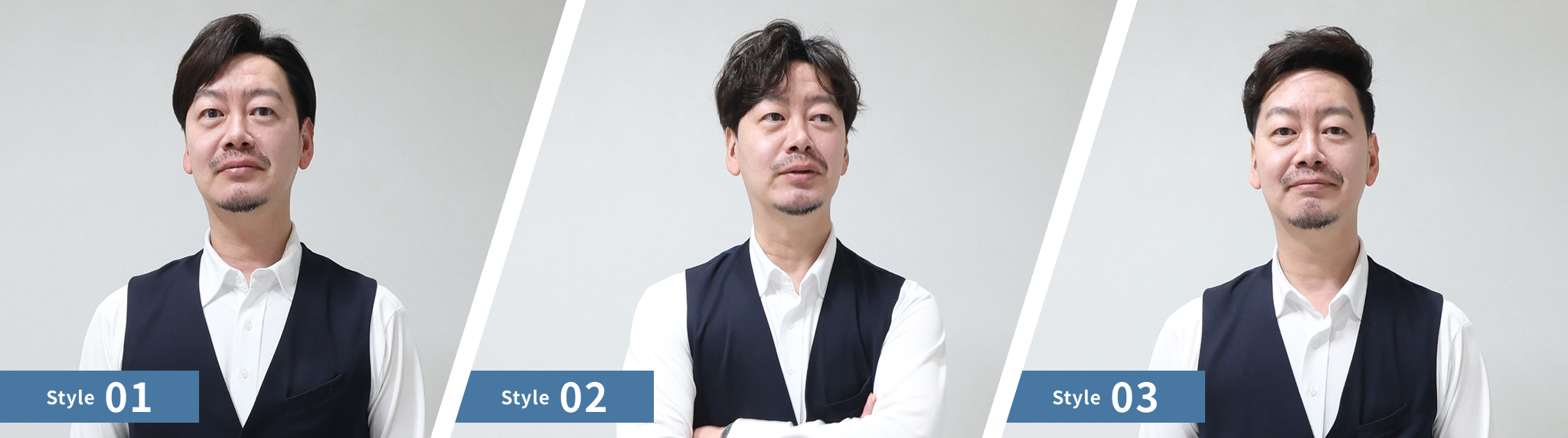 様々なスタイルのミライズを装着している三人の男性の写真。1人目はstyle01を着用していて短髪のヘアスタイル。2人目はstyle02を着用していてミディアムなヘアスタイル。3人目はstyle03を着用していて前髪がアップされた短髪のヘアスタイル。